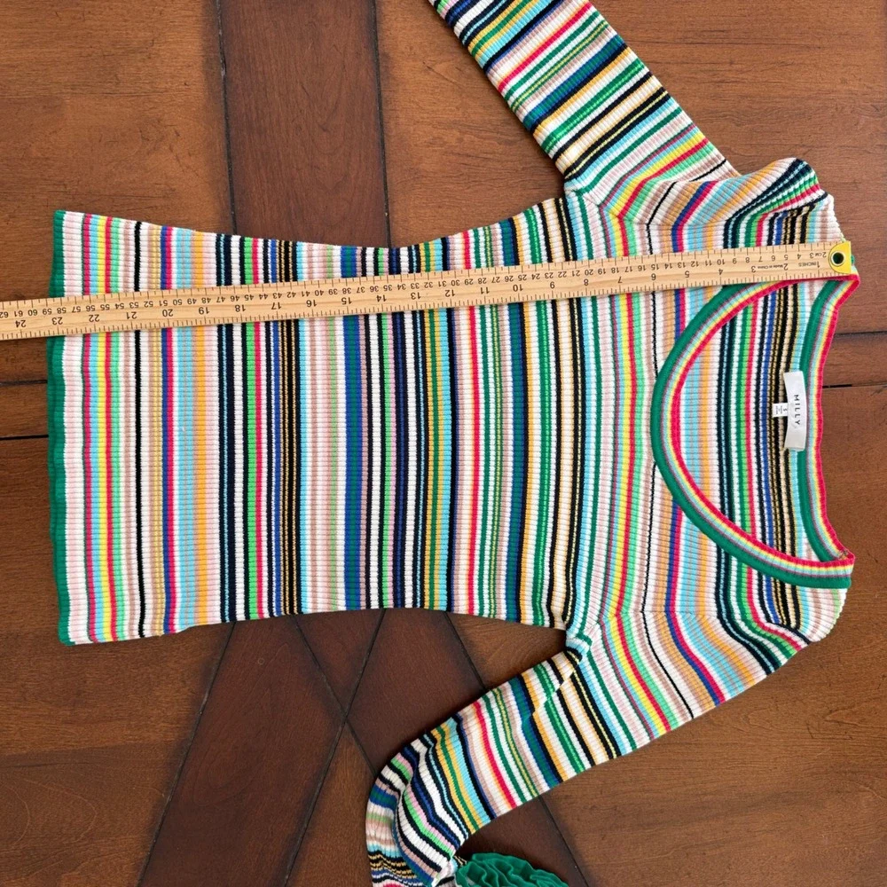 Milly Womens Multicolor Striped Ribbed Knit Scoop Neck Bell Sleeve Top Small - Picture 8 of 8